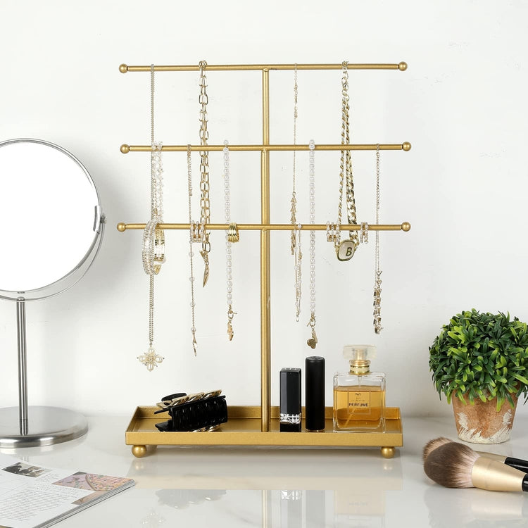 Tiered Brass Tone Metal Tabletop Jewelry Tower, Necklace Hanger, Earring Organizer Rack with Ring Dish Tray