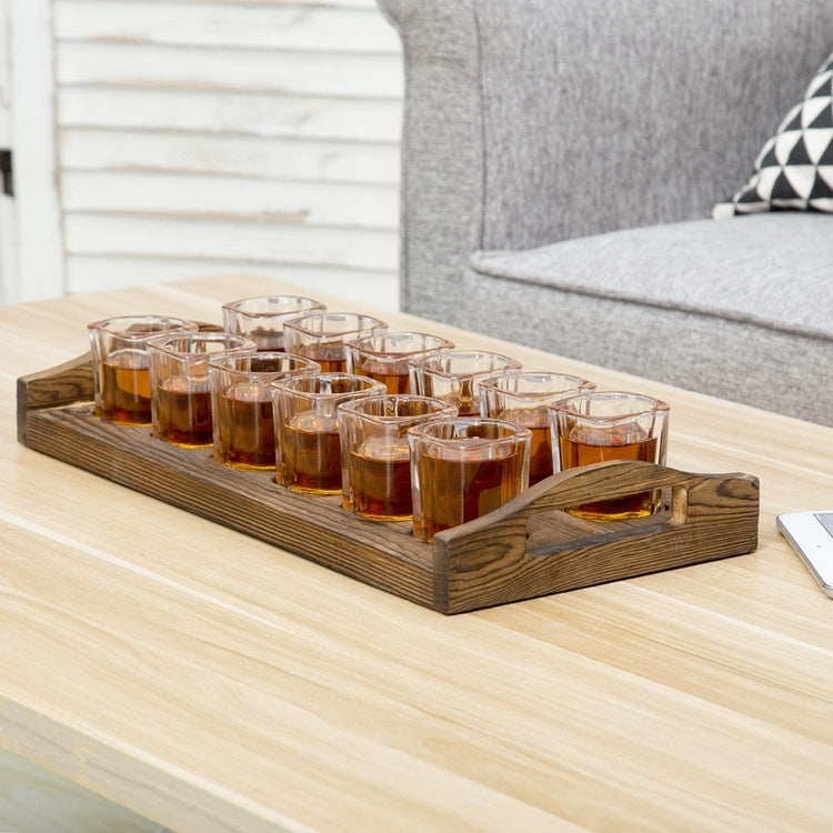 Burnt Brown Solid Wood Party Shots Serving Tray Set with 12 Shot Glasses and Cutout Handles-MyGift