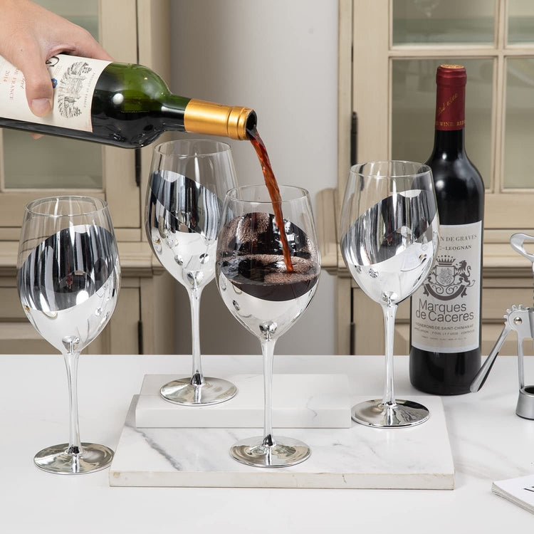 14 oz Stemmed Wine Glasses with Silver Angled Metallic Accent, Set of 4