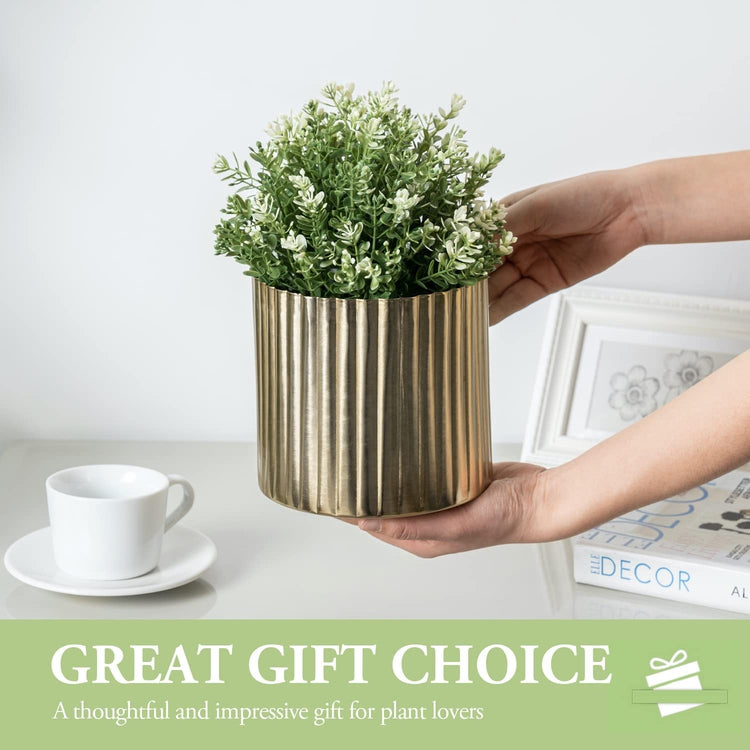 5.5 Inch Brass Tone Metal Fluted Planter with Decorative Scalloped Edge, Vertical Ribbed Pattern Plant Pot Flower Vase-MyGift