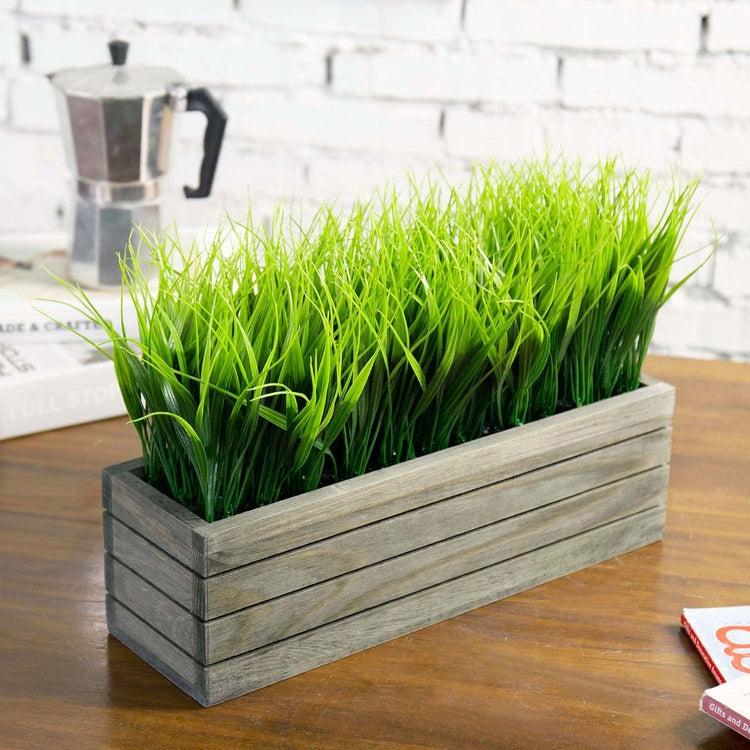 Artificial Faux Grass Plant in Vintage Gray Wood Rectangular Crate Style Planter Window Box-MyGift