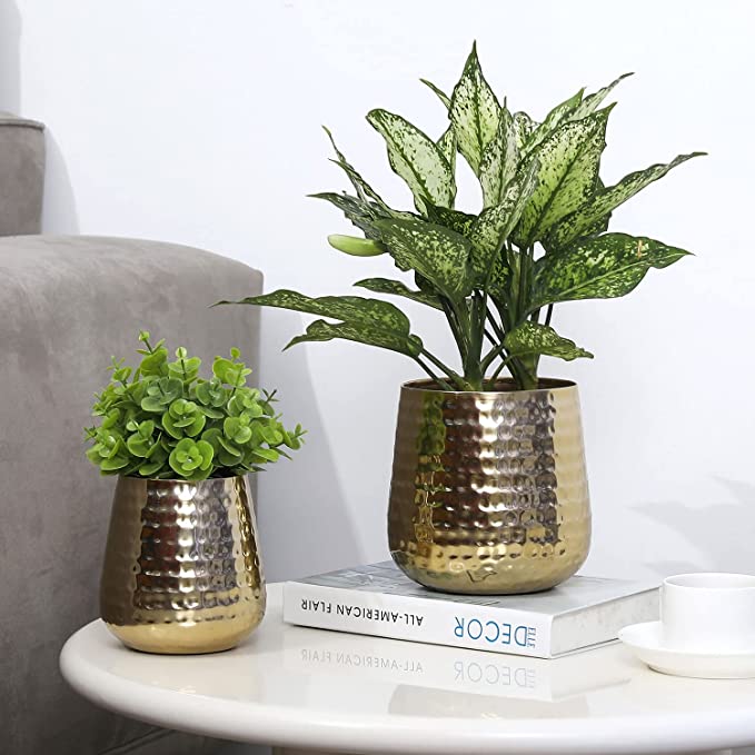 Decorative Indoor Plant Pot with Handcrafted Hammered Design, Brass Metal Succulent Planter, 2 Piece Set-MyGift