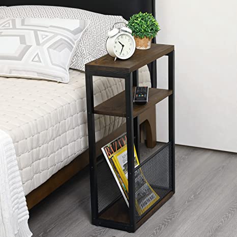 Rustic Burnt Wood End Table with Industrial Black Metal Frame and Mesh Magazine Holder, 25 Inch