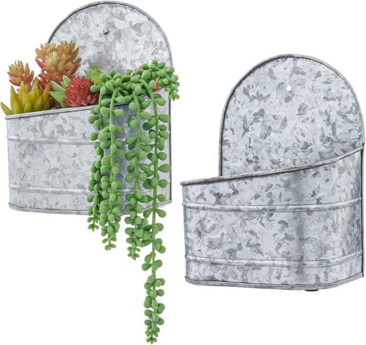 Galvanized Silver Hanging Indoor Wall Planter with Angled Edge, Wall Mounted Succulent Metal Plant Pot, Set of 2