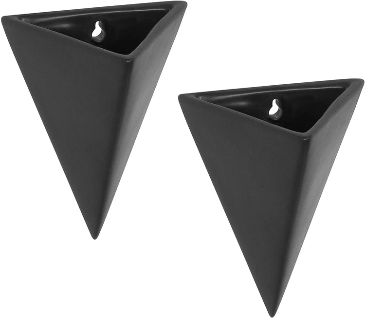 Set of 2, Pyramid Black Ceramic Wall-Mounted Sconce-Style Succulent Planter Vases-MyGift