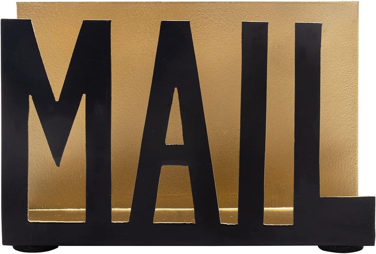Metal Desktop Mail Holder, Office Desk Letter Sorter Organizer with MAIL Cutout Design, Black and Gold-MyGift