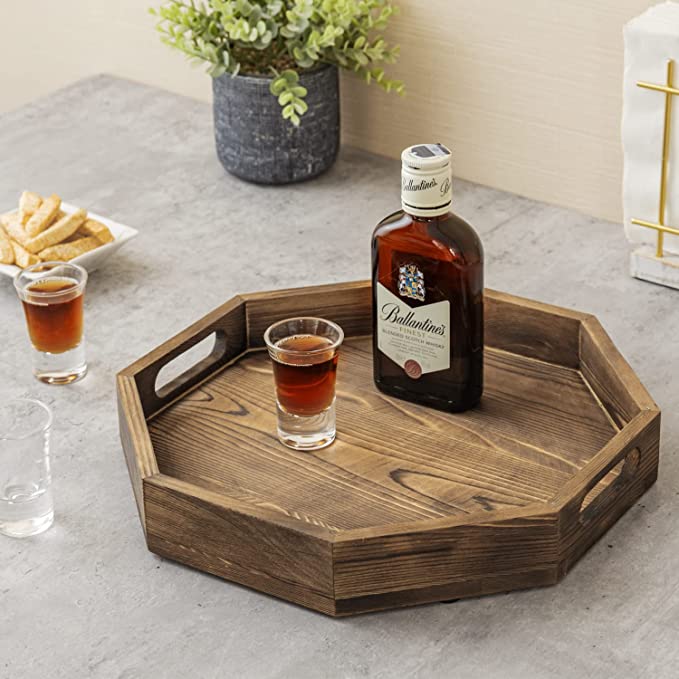 12 Inch Burnt Wood Octagon Serving Tray, Ottoman Coffee Table Tray with Cutout Handles