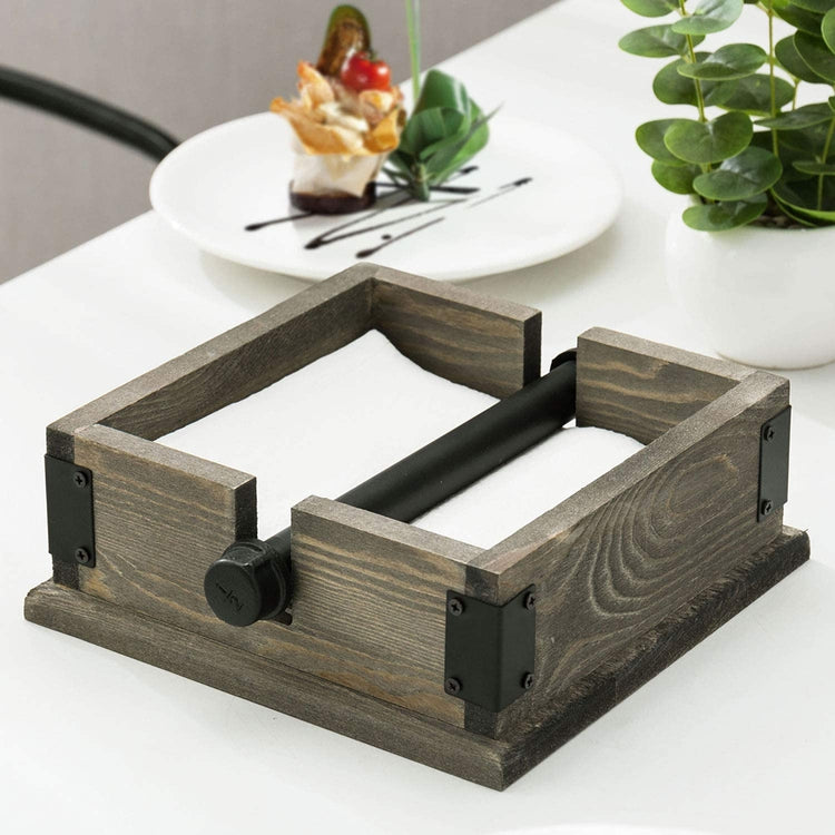 Vintage Gray Wood Napkin Holder with Industrial Pipe Weight Arm