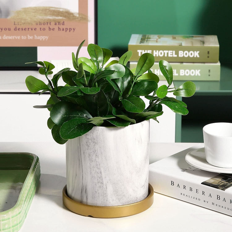 White and Gray, 6-inch Ceramic Marbled Cylindrical Planter Pot with Round Gold Tray-MyGift