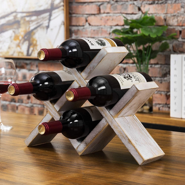 MyGift 4-Bottle Whitewashed Rustic Wood Countertop Wine Storage Rack