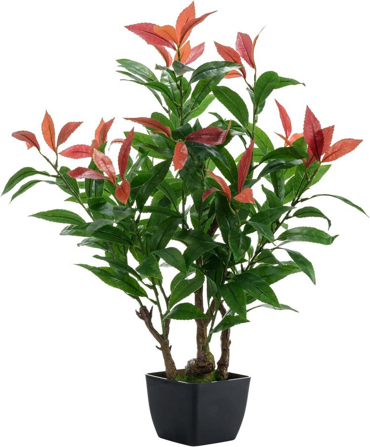 Artificial Fraser's Photinias Red Tip Evergreen Shrub in Black Plastic Planter Pot, Plant Container