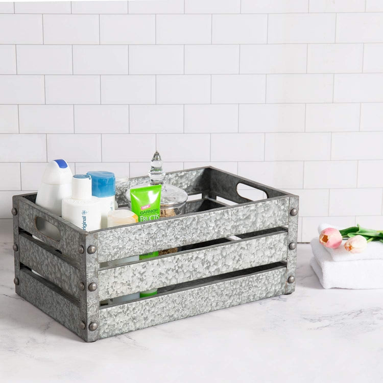 16-inch Silver Galvanized Metal Storage Crate Display Box with Corner Studs and Handles-MyGift