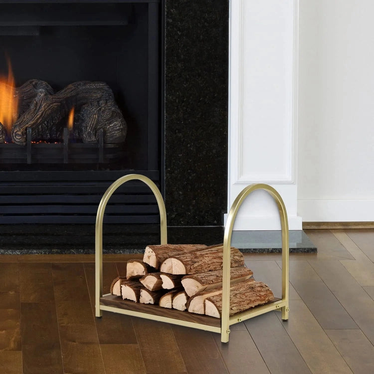 Firewood Rack Fireplace Log Holder, Modern Brass Tone Metal and Burnt Solid Wood Freestanding Stacking Lumber Stand-MyGift