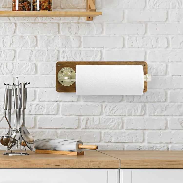 Burnt Wood Kitchen Paper Towel Holder Wall Mount Dispenser with Industrial Brass Pipe Bar