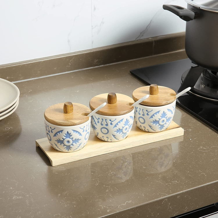 Ceramic White and Blue Spice Seasoning or Condiment Pots with Serving  Spoons and Acacia Wood Tray