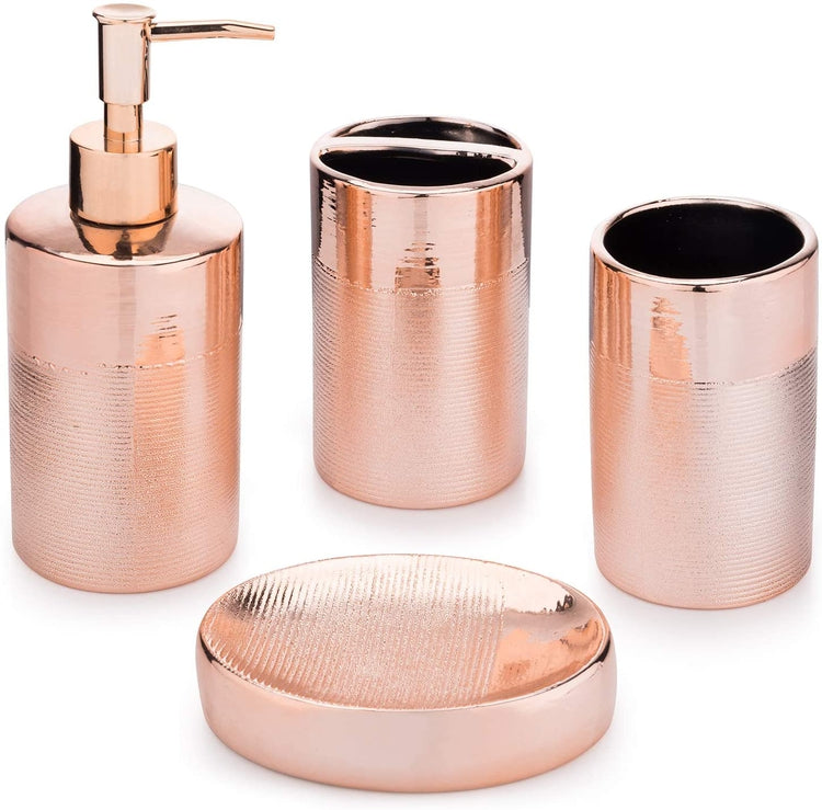 Rose Gold 4-Piece Textured Ceramic Bathroom Set with Soap Dish, Pump Dispenser, Toothbrush Holder & Tumbler-MyGift