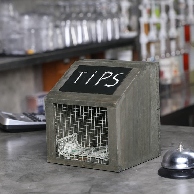Gray Wood Collection Donation Box with Lock and Wire Front Panel, Tips, Votes, Suggestion Box with Chalkboard Sign-MyGift