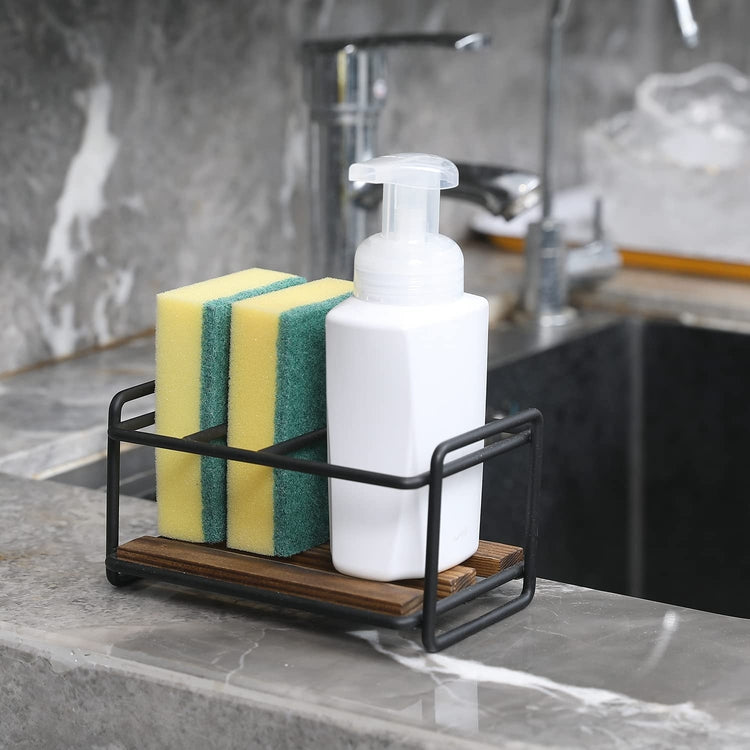 Kitchen Soap and Sponge Holder Sink Caddy, Burnt Wood and Industrial Black Metal Tray Liquid Soap Dispenser Storage Dish-MyGift