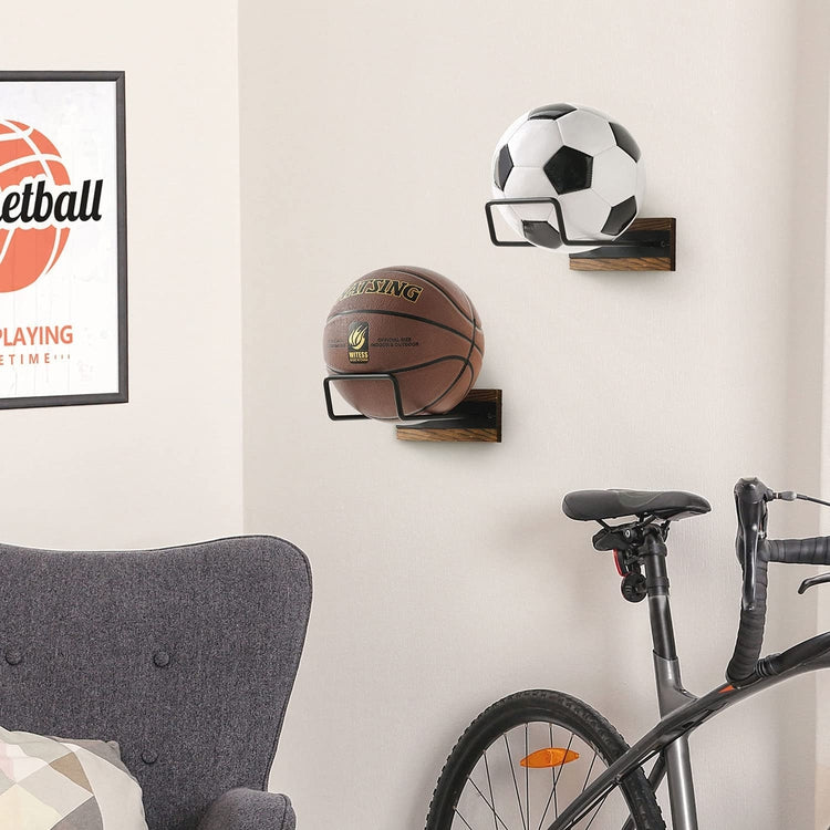 Set of 2, Black Metal and Burnt Wood Wall Mounted Sports and Exercise Ball Storage Rack-MyGift