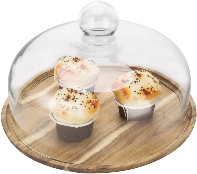 Acacia Wood Cheese & Dessert Cake Plate with Glass Dome-MyGift