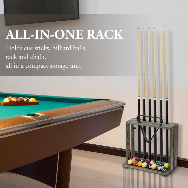 Freestanding Gray Wood Pool Cue Stick Holder, Cue Rack w/ Ball Storage and Rack Slot-MyGift