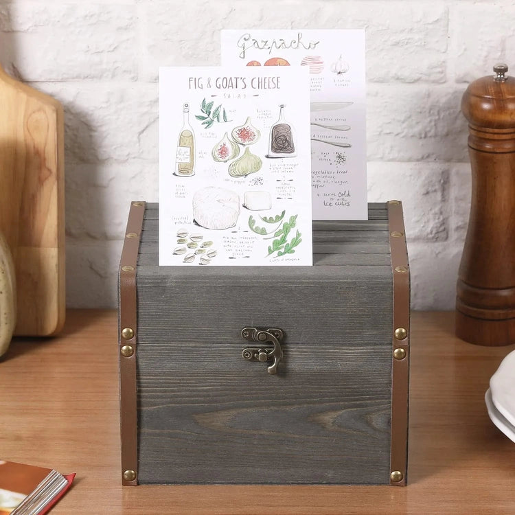 Wooden Recipe Card Holder Box, Gray Wood 3 Compartment Recipes Organizer Chest with Leatherette and Brass Accents