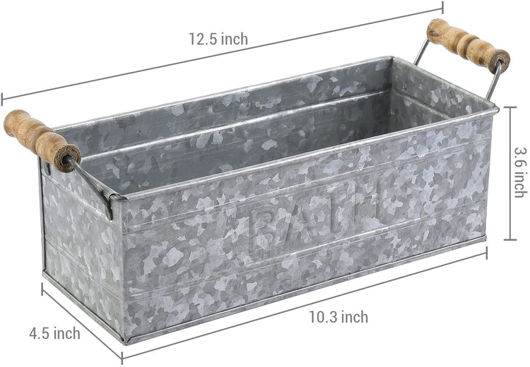 Galvanized Metal Rectangular Storage Basket with Wood Handles, Bathroom Toiletries Holder, Organizer Bin with BATH Label-MyGift
