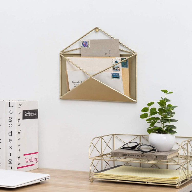 Brass-Tone Metal Wall-Mounted Envelope-Shaped Mail Holder