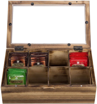 Burnt Wood Tea Bag Storage Box with 8-Compartments, Clear Display Lid, and Magnetic Closure-MyGift