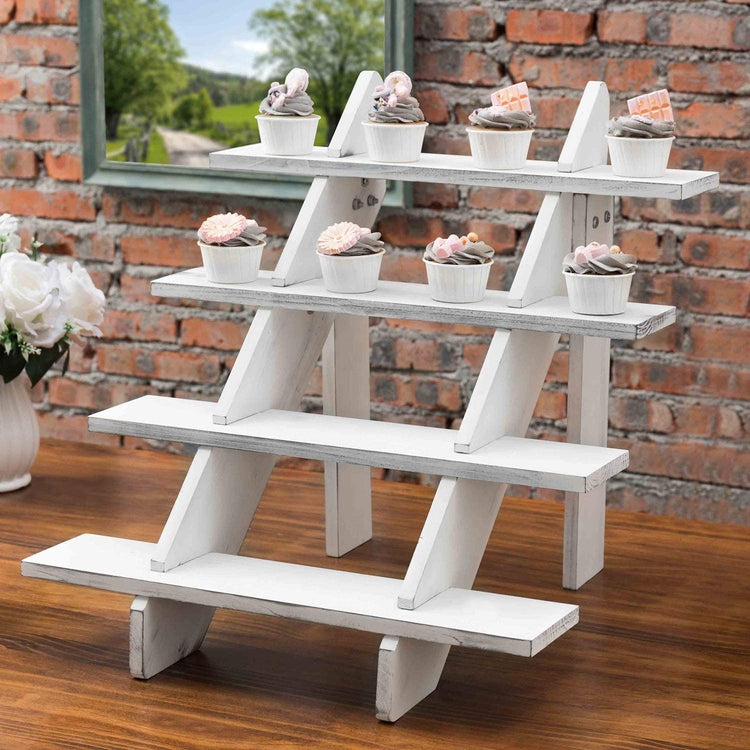 4-Tier Cascading White Wood Retail Display Riser Stand, Cupcake Dessert Stand