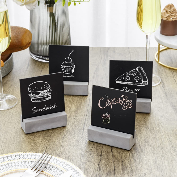 Mini Chalkboard Signs with Stand, Double Sided Tabletop Chalk Message Boards Menu Sign with Concrete Holders, Set of 4