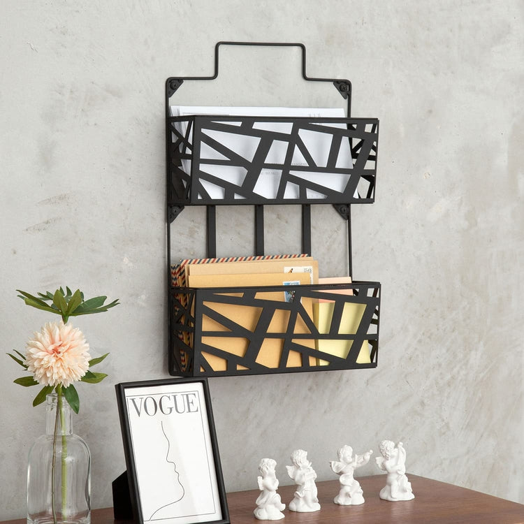 Black Metal 2 Tier Mail Holder Wall Mounted Storage Basket Letter Organizer with Laser Cut Geometric Abstract Design