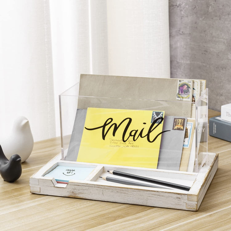 Clear Acrylic Mail Sorter Box with Cursive Decorative "Mail" Label and Burnt Wood Office Supplies Tray-MyGift