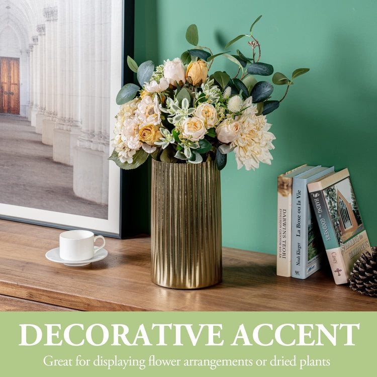 10 Inch Tall Flower Vase, Brass Tone Metal Fluted Centerpiece with Scalloped Edge, Vertical Ribbed Pattern Planter-MyGift