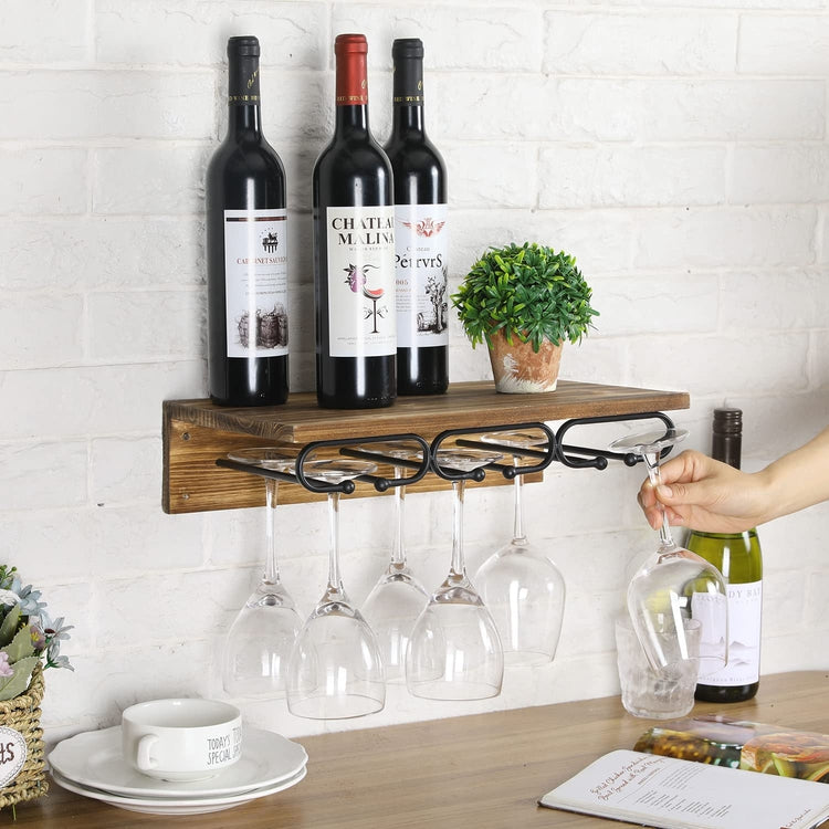 Burnt Wood and Black Metal Floating Wine Glass Holder, Stemware Wall Rack with Bottle Display Shelf-MyGift