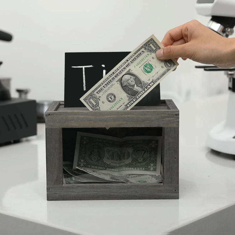 Gray Wood Barnhouse Tip Box, Donation Collector with Chalkboard and Acrylic Display Signs