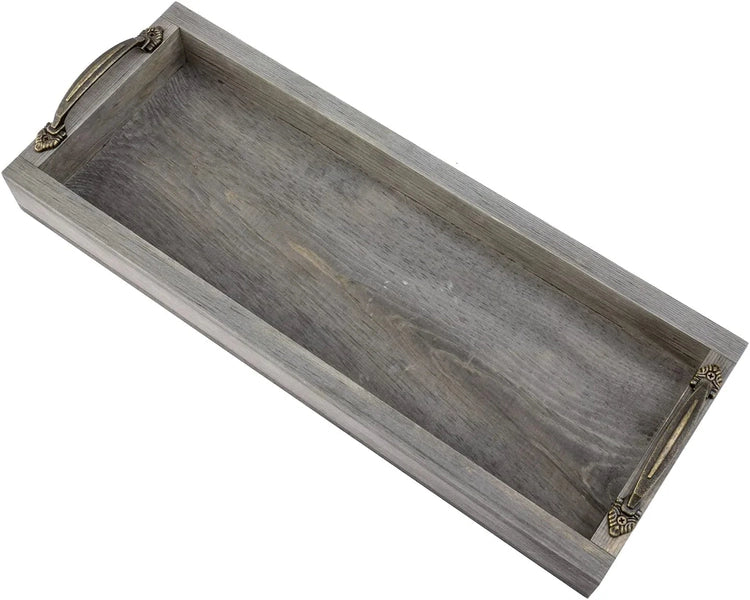 16 Inch Gray Wood Toilet Tank Tray Organizer, Bathroom Vanity Rectangular Tray with Antique Brass Tone Metal Handles-MyGift