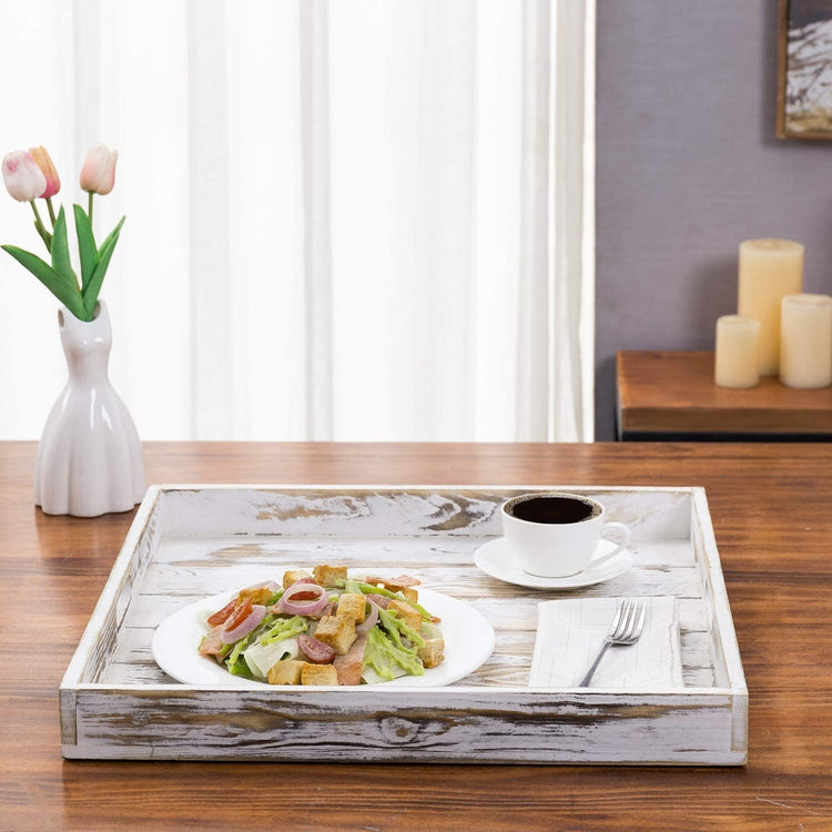 Whitewashed 19-Inch Square Wood Ottoman Tray, Serving Tray with Cutout Handles