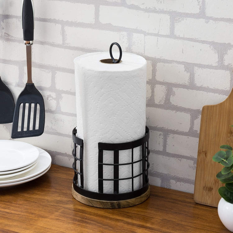 Rustic Brown Wood and Black Metal Wire Paper Towel Roll Holder Stand with Top Ring Handle-MyGift