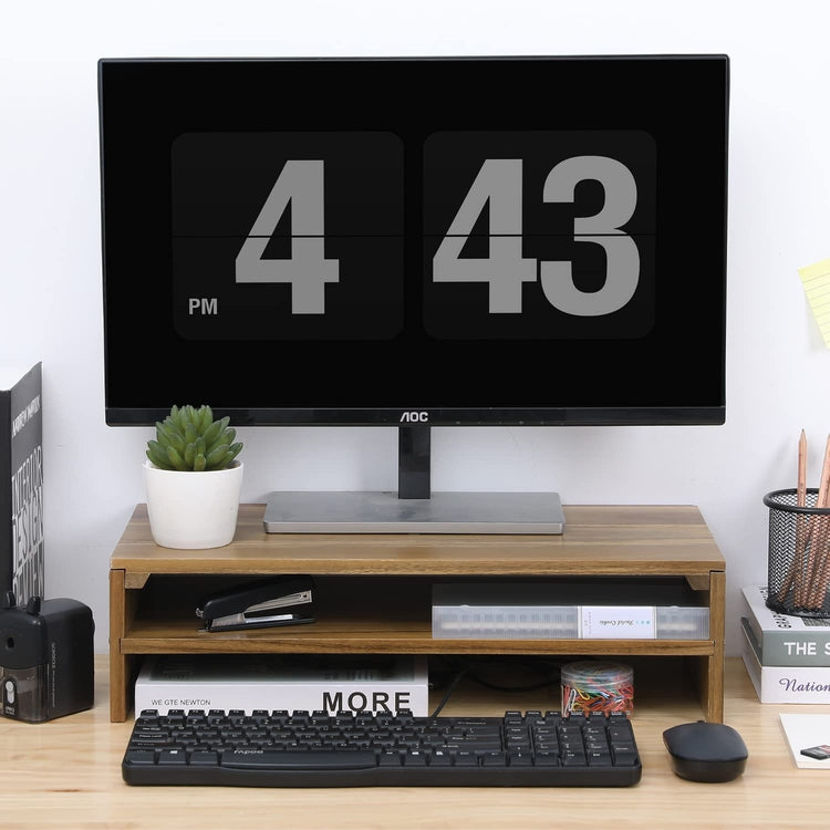 Acacia Wood Computer Monitor Desk Stand, 2 Tier Desktop Storage Shelf, Monitor Riser, Laptop Holder-MyGift