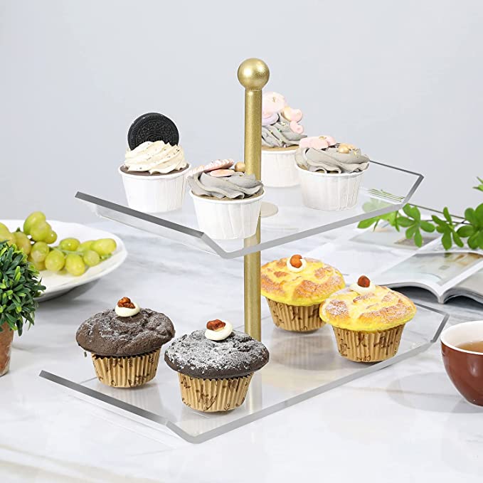 2-Tier Pastry Riser Stand, Cupcake Holder, Clear Acrylic Serving Tray Tower with Brass Tone Metal Pillar
