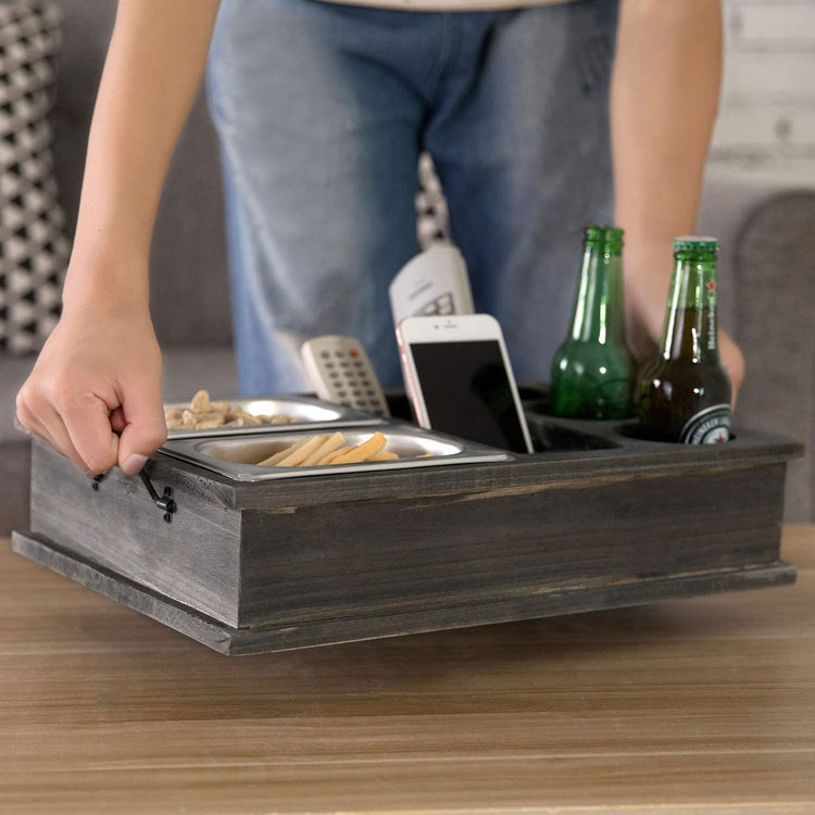 Vintage Gray Wood All-in-One Snack Caddy with Remote Control, Phone and Cup Holders-MyGift