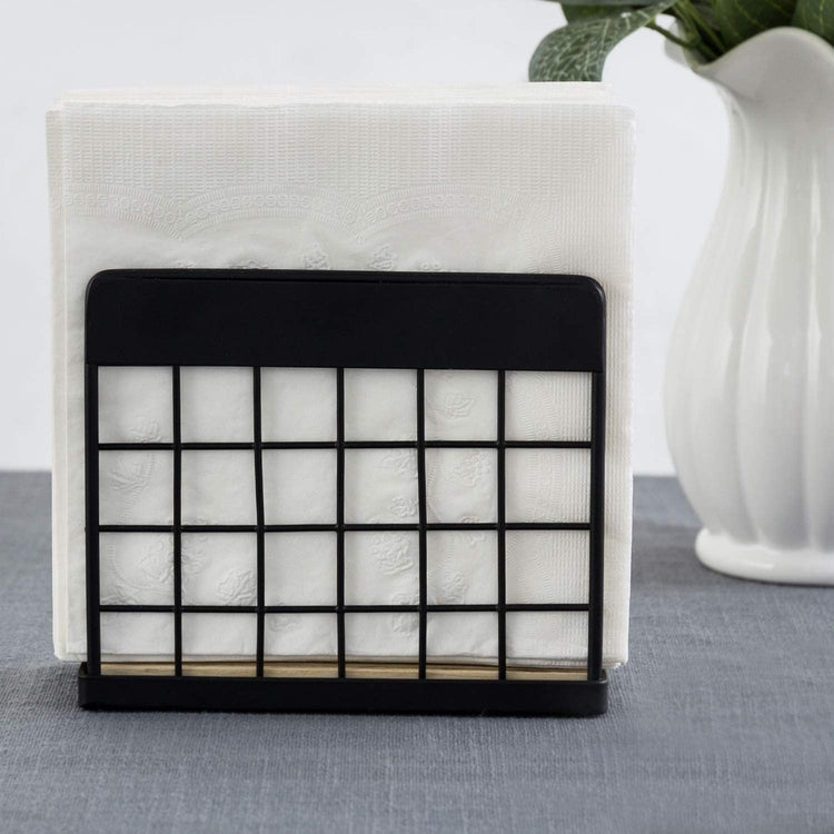 Modern Matte Black Metal Wire and Rustic Burnt Wood Tabletop Napkin Holder