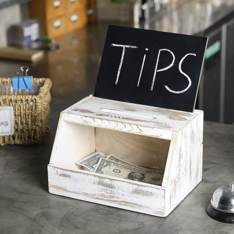 Whitewashed Wood Collection Donation Tip Box with Lock, Suggestion Comment Box with Window Panel, Chalkboard Sign