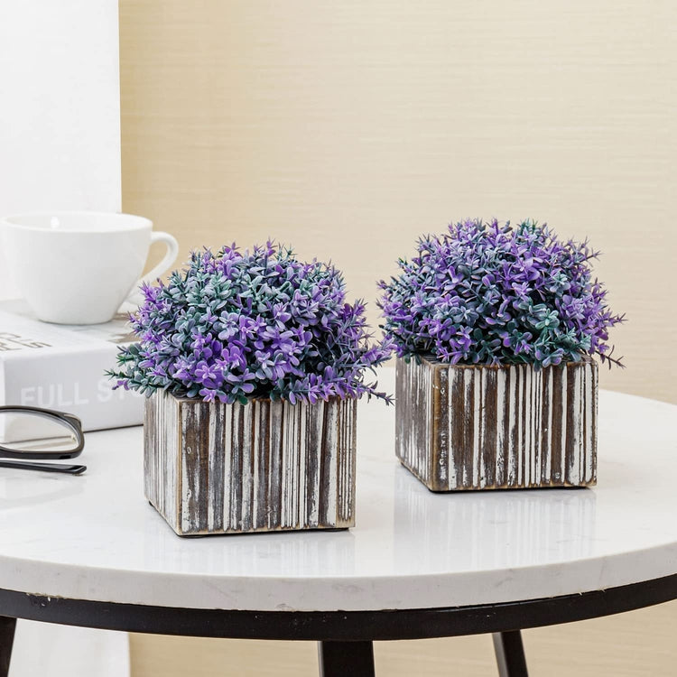 Set of 2, Artificial Verbena Officinalis Purple Flower Arrangement in Torched Wood Square Planters-MyGift