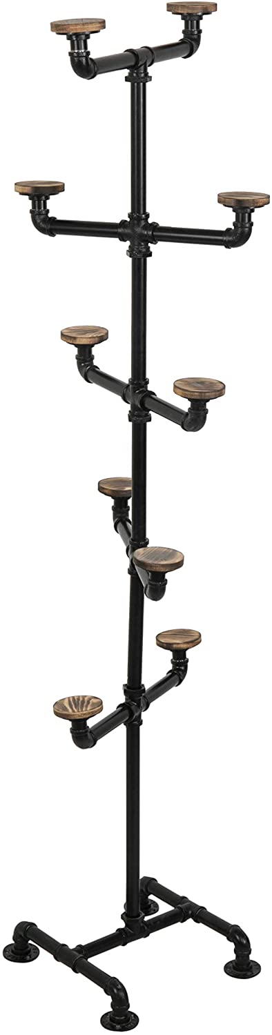 10-Hook Industrial Black Metal Pipe & Wood Hat Tree Stand-MyGift