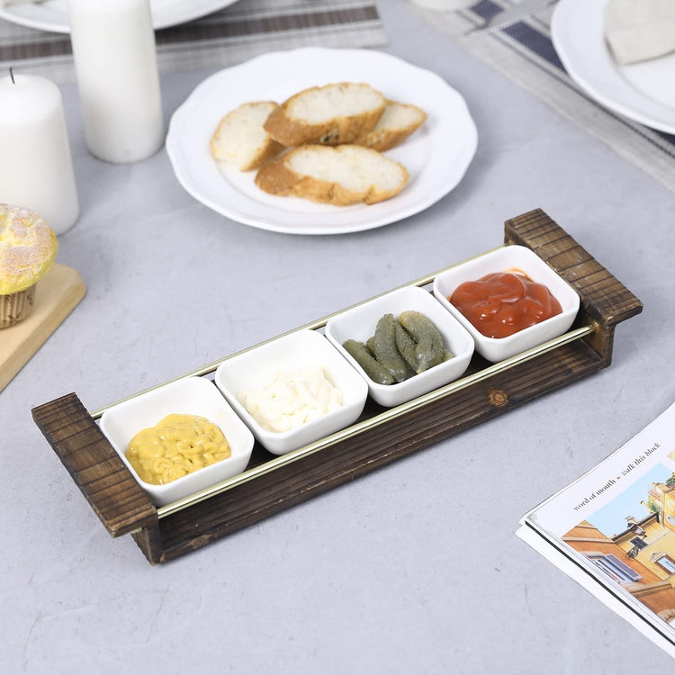 Appetizer Tray Set, White Ceramic Square Dip, Condiment, Sauce Bowls with Burnt Wood Brass Tone Metal Serving Platter-MyGift