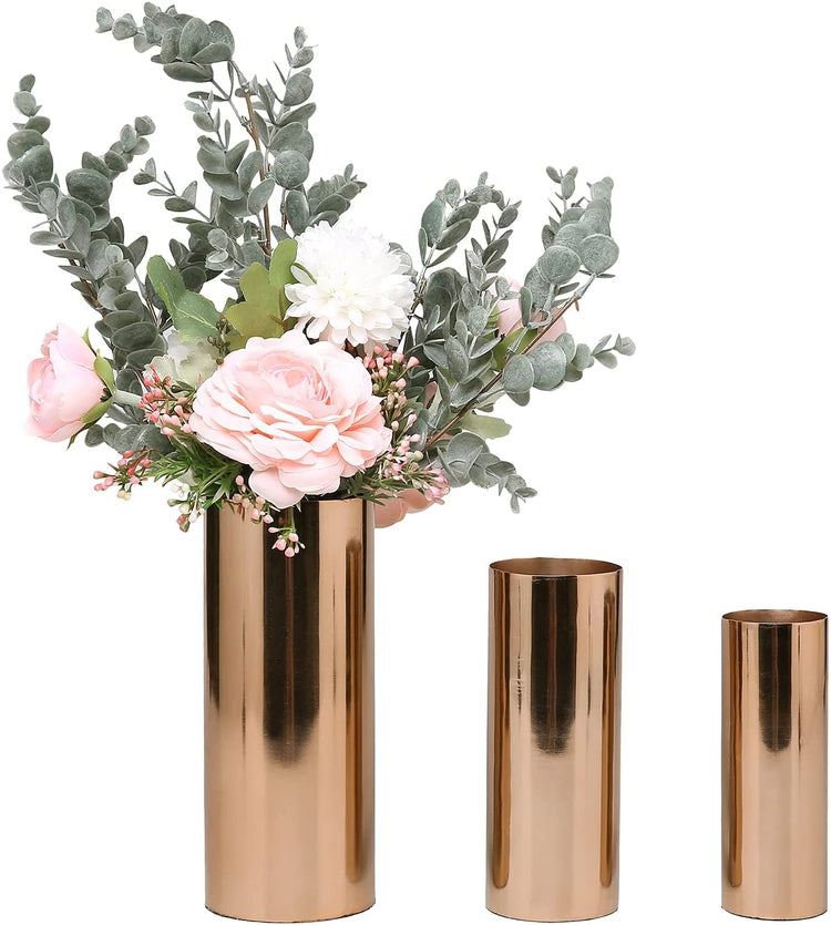 Tall Copper Tone Metal Cylinder Flower Vases, Set of 3