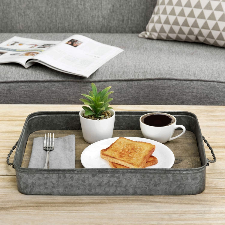 Rustic Galvanized Metal & Solid Wood Serving Tray w/ Twisted Metal Handles