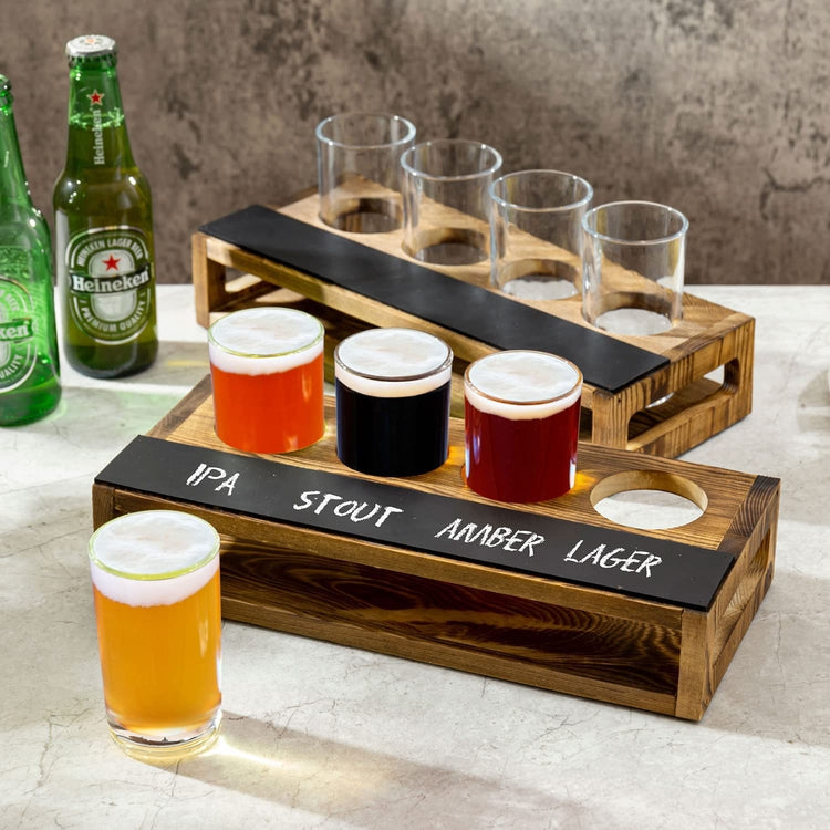 Set of 2, Dark Brown Burnt Wood Sampler Tray Beer Flight Holder Serving Set with 4 Glasses and Erasable Chalkboard Label-MyGift